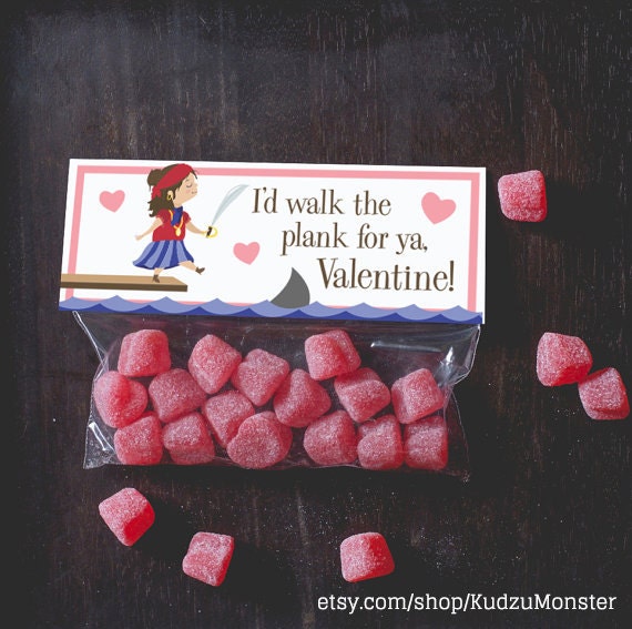 INSTANT DOWNLOAD Printable treat topper valentine's day pirate girl ocean shark valentine candy bag classroom ship sea waves sword funny Il_570xn