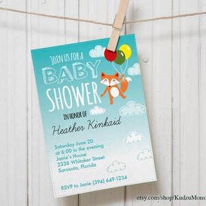 Woodland Fox theme Customized Printable Baby Shower Party Invitation gender neutral baby shower fox and balloons