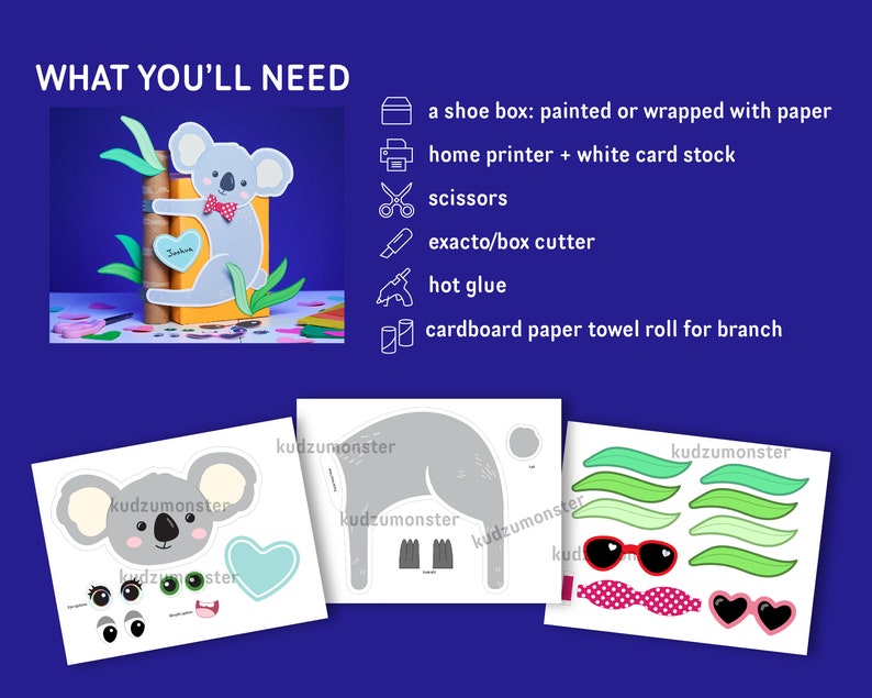Koala Printable Box Kit DIY Valentine Box Decor Kit for Valentine's Day cards school kid valentine craft kit Valentine's Day mailbox image 2