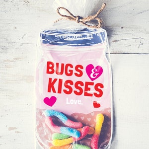 Download Printable Valentine candy gift DIY mason jar for gummy worms, beetle toys, spider, candy, rings classroom Bugs and Kisses