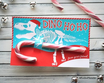 T Rex Fossil Christmas Candy Cane Holder Card for Kids Classroom Holiday Party Favor Instant Download Printable Dinosaur Funny Gift