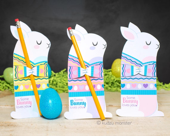 Easter pencil hugger bunny card cute rabbit holds pencil, flower, candy, and more Gift for kids to give out at school Easter Bunny printable Il_570xn