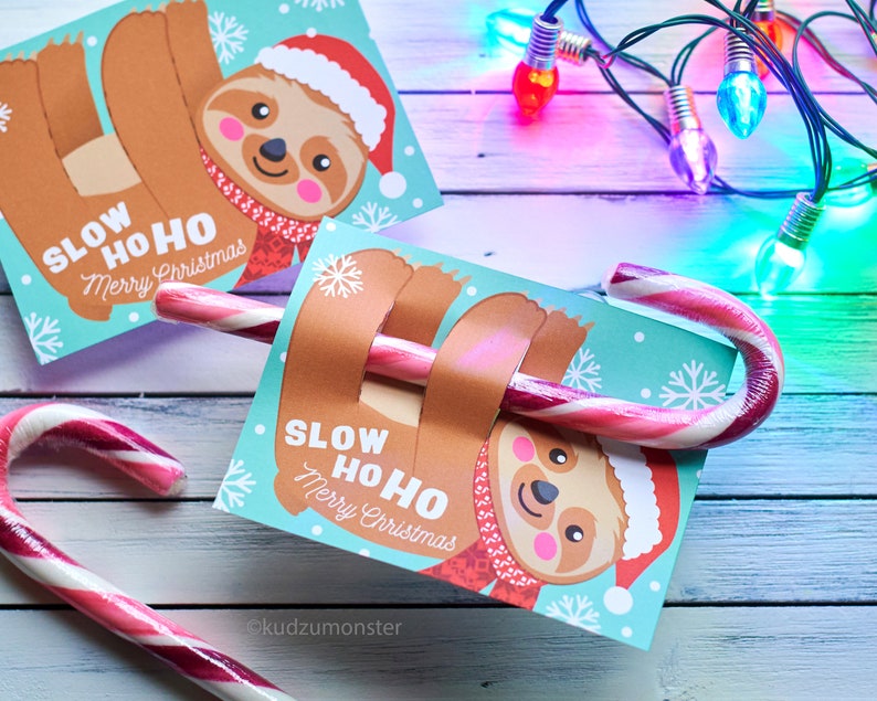 Sloth Christmas Candy Cane Holder Card for Kids Classroom image 1