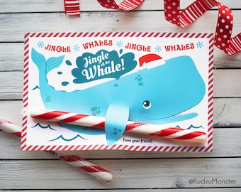 Jingle Whale Christmas Candy Cane Holder Card for Kids Classroom Holiday Party Favor Instant Download Printable Sperm Whale Funny Gift