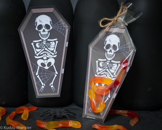INSTANT DOWNLOAD Skeleton Open Coffin gummy worm printable bag inset for halloween candy or small toys spooky Halloween party favor Il_570xn