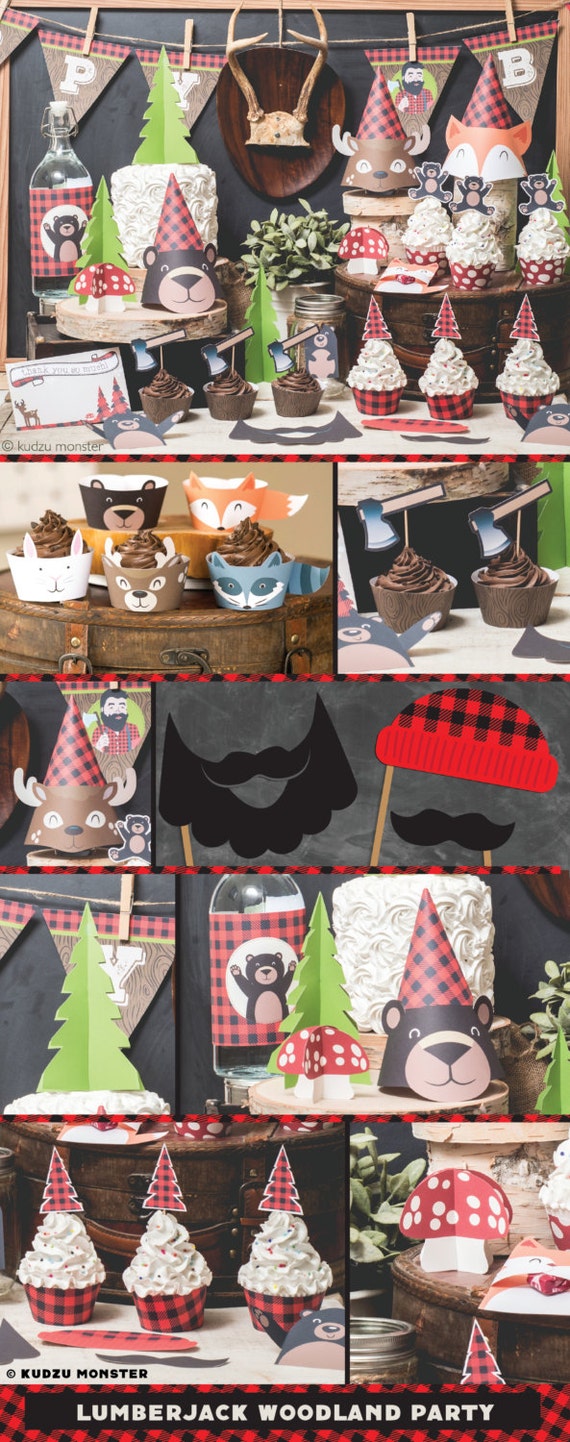 Woodland Plaid Lumberjack Party printable decor kit animal cupcake wrappers, gingham banner, party hats, favors DIY baby shower 1st birthday Il_570xn