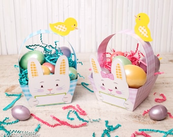 Printable Easter Bunny basket instant download rabbit foldable pink girl and blue boy baskets gingham plaid pattern baby easter chick DIY