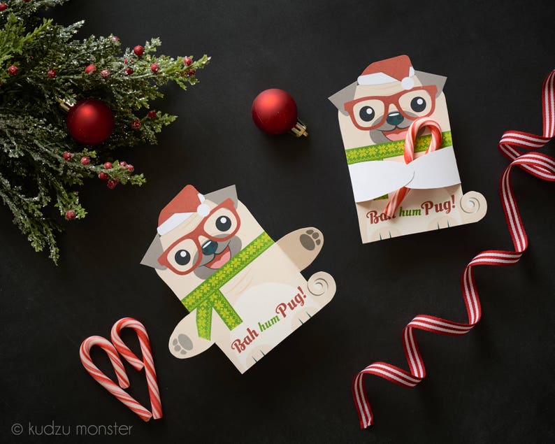 Pug Christmas Treat Hugger Printable Dog Candy Cane Holder image 1