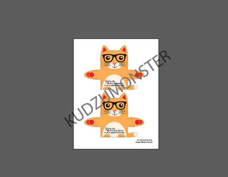 Cat Valentines Candy Huggers Printable Kitten Valentine cards White cat, orange striped cat with hipster glasses, gray cat with sunglasses image 3