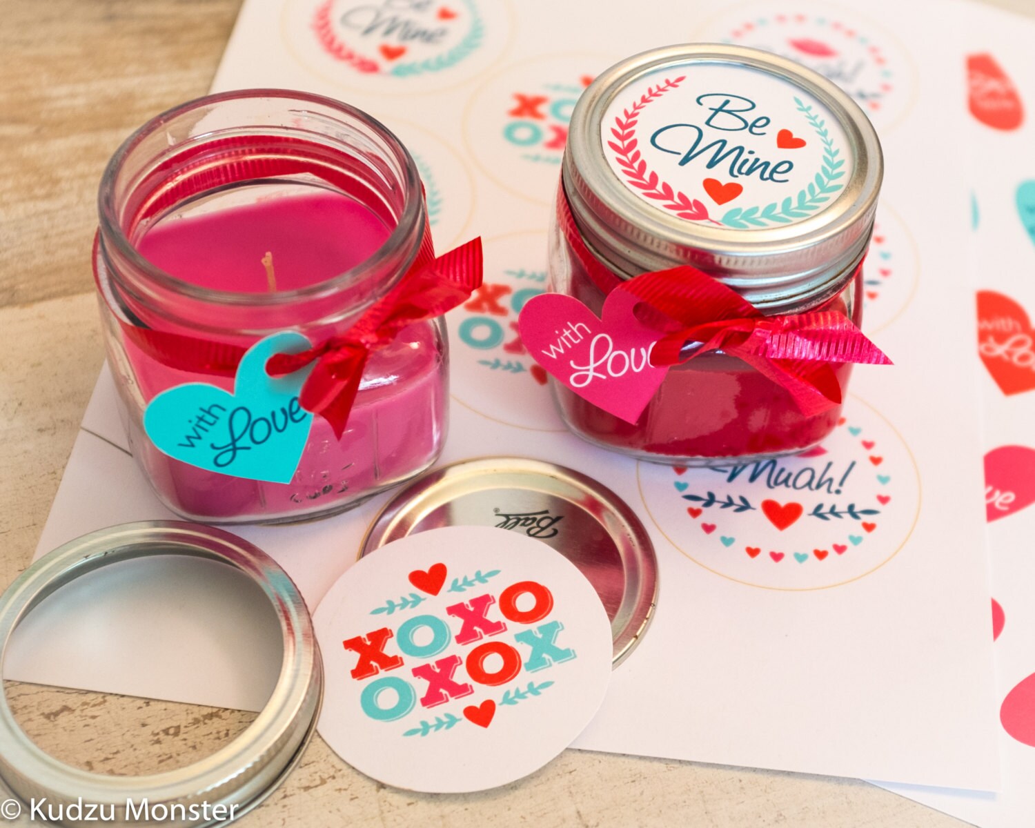 INSTANT DOWNLOAD Printable Cute Valentine Mason Jar Lid Label and Heart Hanging Gift Tag. great for candy gift, candle gift, jams & jellies