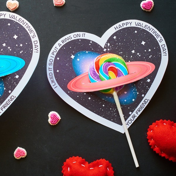 Saturn Sucker valentines Space Science Lollipop heart shaped printable DIY easy valentines for school Astronomy Planets Outer space cute