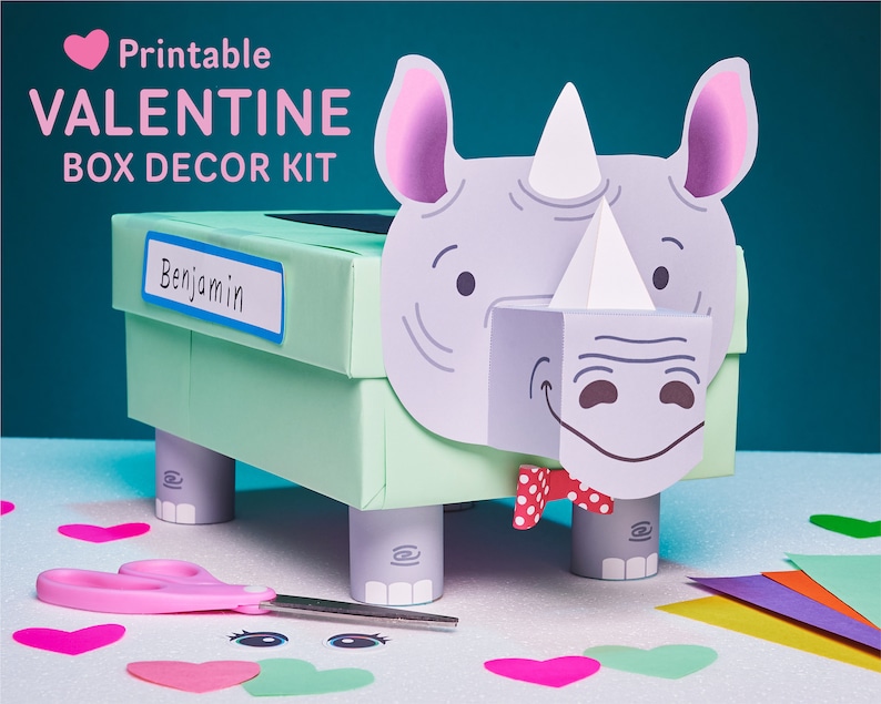 Rhino Valentine Box Kit printable rhinoceros mailbox for Kid image 1