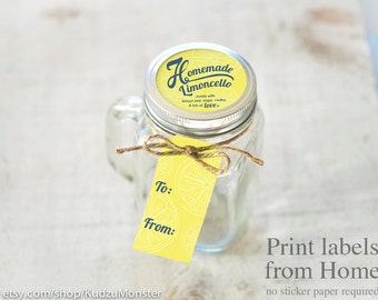 Limoncello Print at home labels and tags for homemade mason jar gifts printable yellow lemon theme gift tags and top label limoncello kit