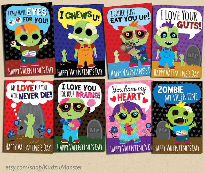 INSTANT DOWNLOAD Printable Classroom zombie valentines cards image 1