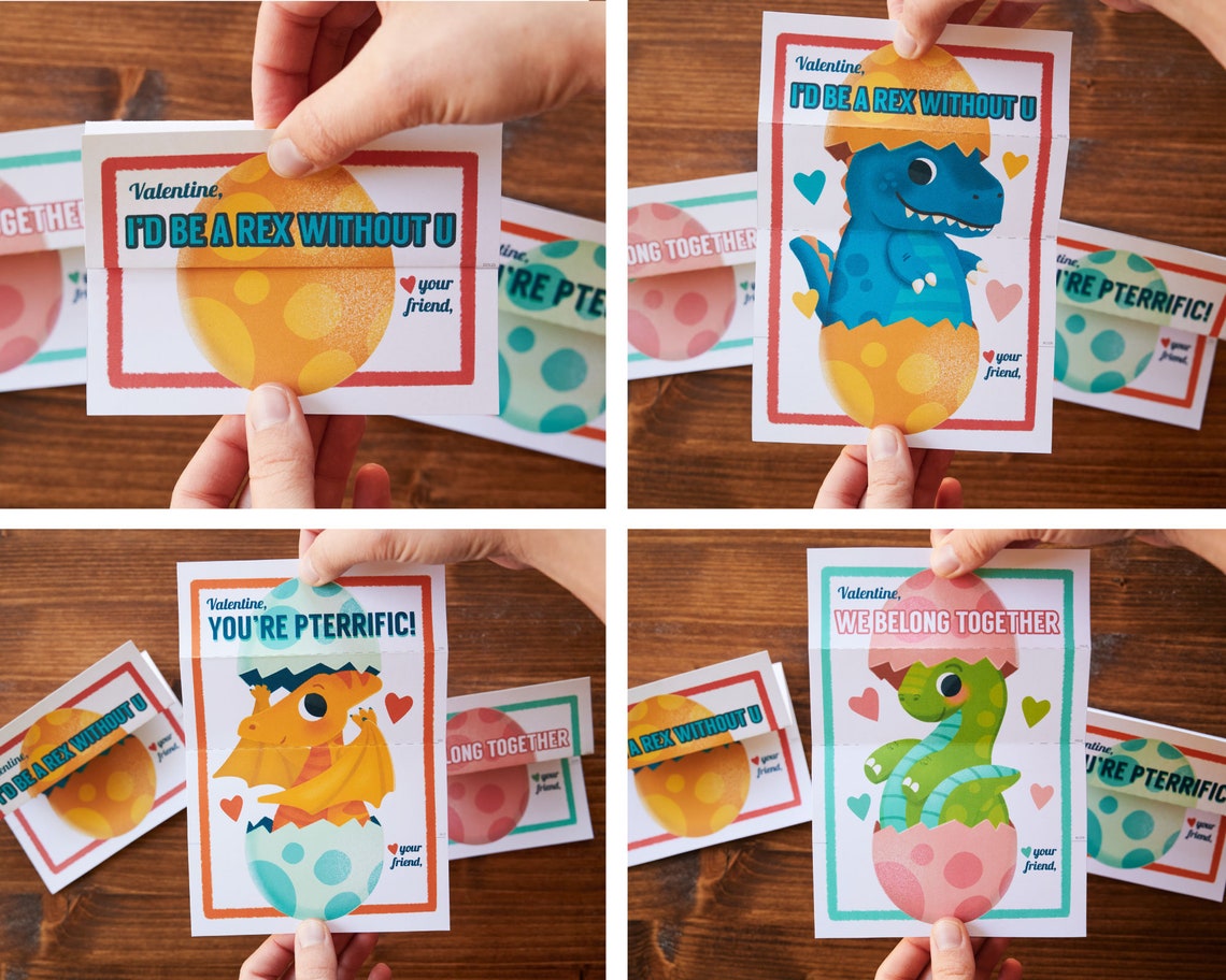 Set of 3 Baby Dino Egg Printable Valentine Cards- Cute Colorful Kid's ...