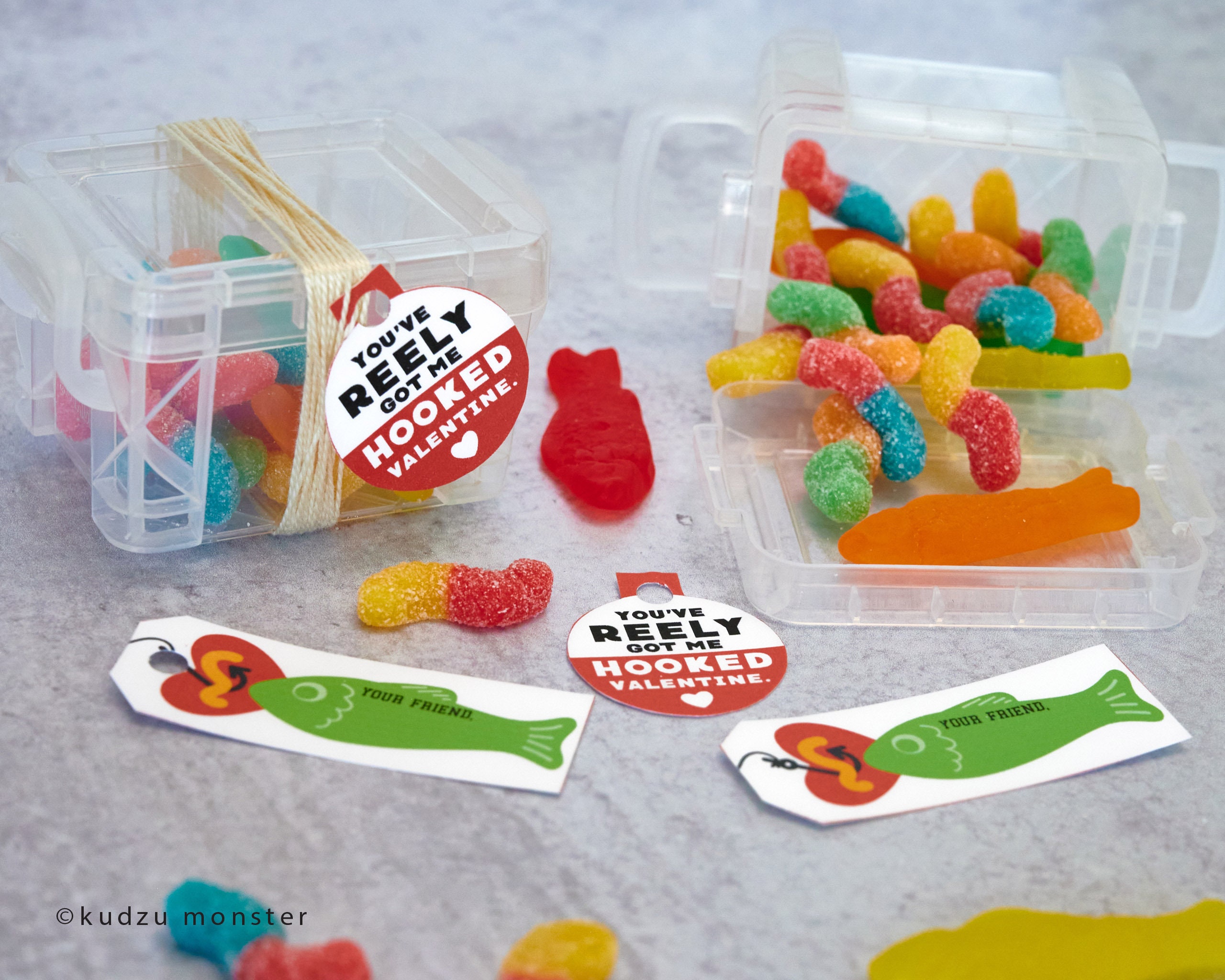 Mini Tackle Box Valentine Printable Gift Tags Fish and Bait Bobber tags for  gummy worms candies Classroom valentines DIY instant download