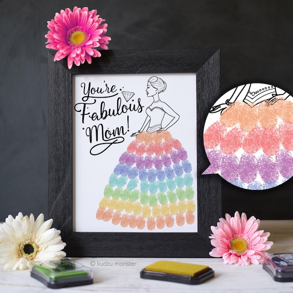 Mother's Day Finger Paint Art Printable Fashion Ball Gown Dress DIY Kid's Art Activity for Fabulous Glamorous Mom Fingerprints Ink Pad Art