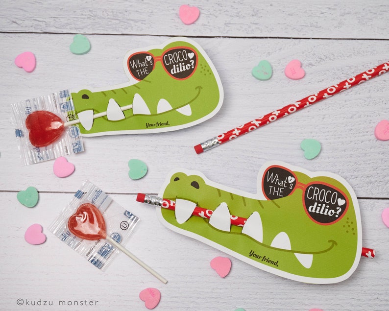 Crocodile Valentines Printable DIY Instant Download Pencil or Lollipop Candy holders gator teeth unique Valentine's day cards for school image 1
