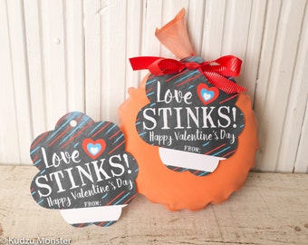 May include: Two black and white printable Valentine's Day gift tags with the text "Love Stinks! Happy Valentine's Day" and a red heart. The tags are shaped like a flower and have a space to write "From:"