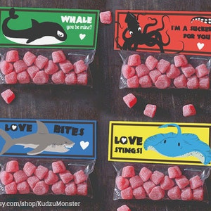 INSTANT DOWNLOAD Printable Classroom Valentines Treat Candy Bag Topper 4-Pack Ocean Creatures Killer Whale, Squid, Shark, Stingray, print