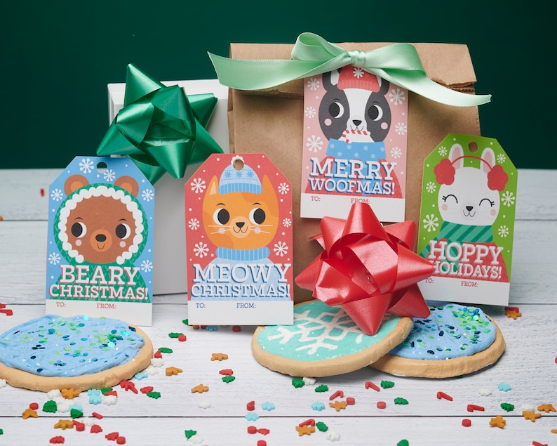 Printable Christmas Gift Tags  Cat Dog Bear and Bunny  image 1
