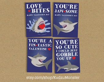 INSTANT DOWNLOAD Printable Classroom shark valentines cards valentine's day shark week great white sharks funny boys valentine jaws
