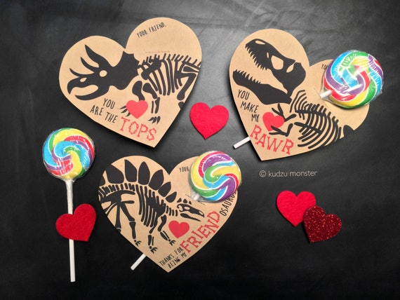Dinosaur Fossil Valentines Printable DIY Instant Download Sucker Lollipop Holder T Rex Stegosaurus Triceratops Valentine's day card hearts Il_570xn