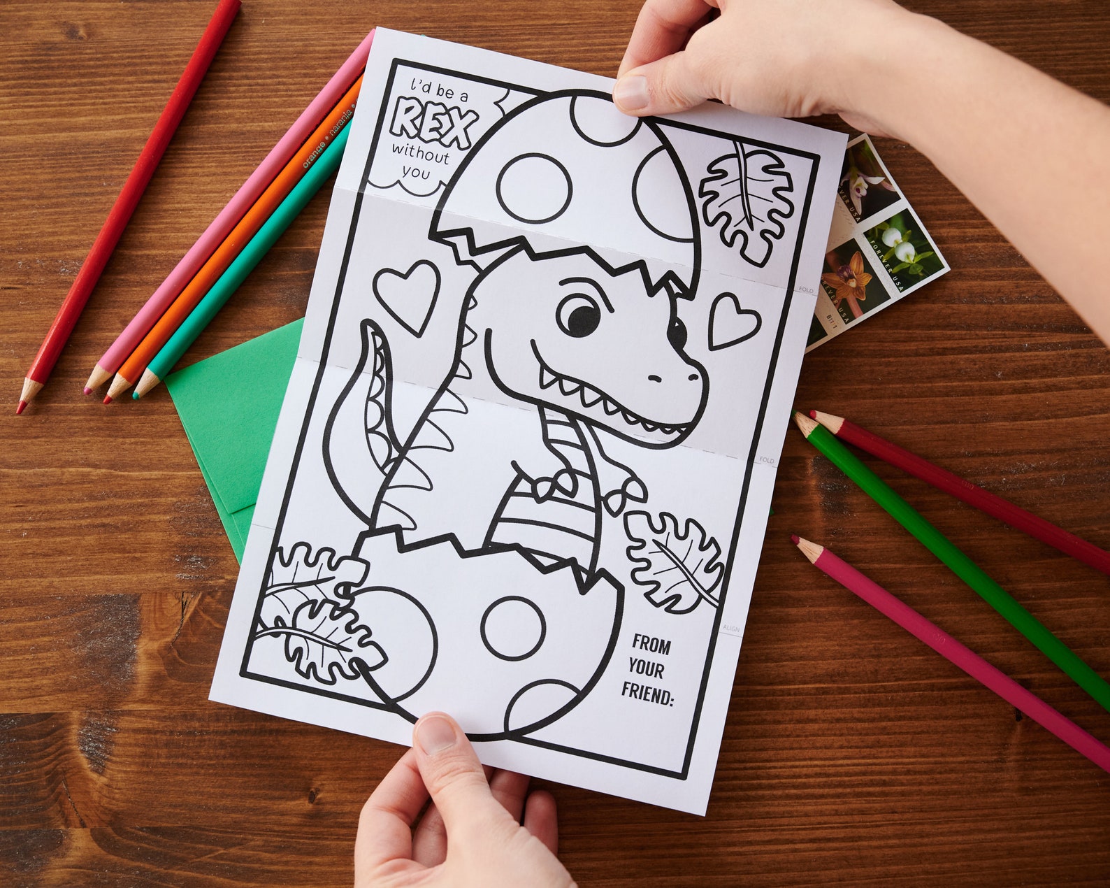 T Rex Dinosaur Egg Valentine Folding Surprise Coloring Page Card- Cute ...