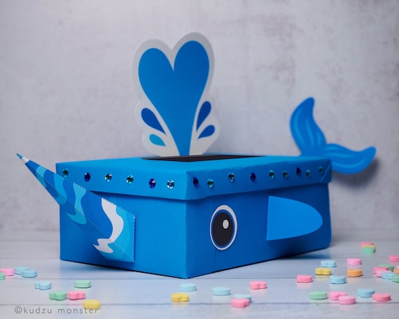 Narwhal Valentine Box Printable Decor Kit 3D horn, water spout, whale tail,  cute and unique mailbox for school valentine's day cards by Kudzu Monster