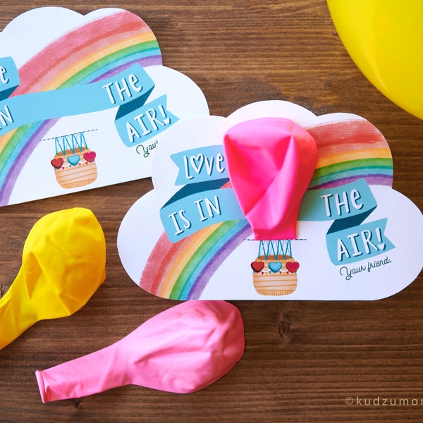 Printable Hot Air Balloon Valentine's Day Card Non-Candy Valentine idea Send colorful balloons to your classmates in the mail Cloud shaped
