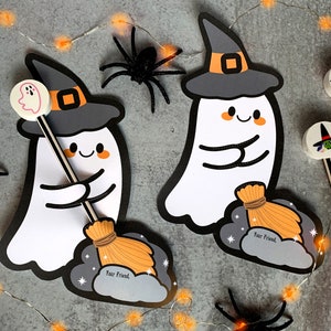 Cute Ghost Witch Broom Pencil Hugger - Kawaii Halloween Printable Card - Instant Download - Trick or Treat Pencils or Glow Bracelets