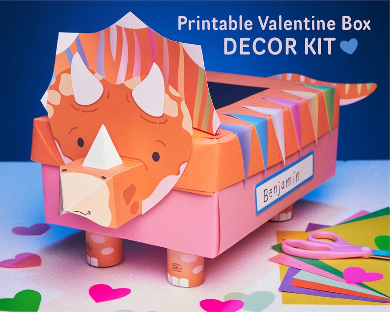 Triceratops Valentine Box Kit  printable dinosaur mailbox for image 1