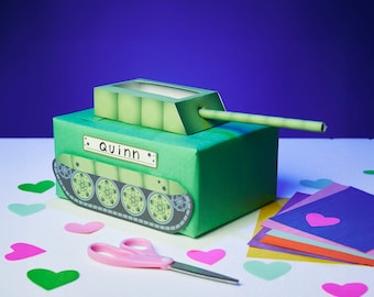 Tank Valentine Box Kit | DIY printable Box Decor Kit for Valentine's Day cards | army military vehicle school kid valentine box craft kit