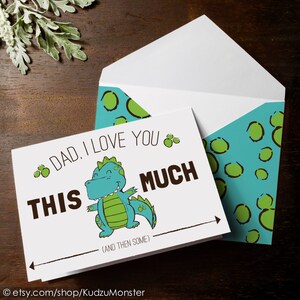 INSTANT DOWNLOAD cute dinosaur Father's Day card print at home t-rex I love you this much funny kids card blue and green dino spots envelope