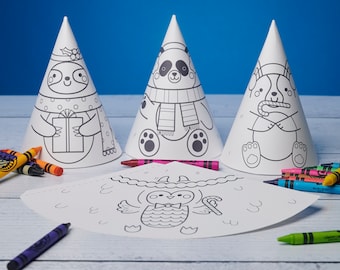 Printable Christmas Coloring Activity Cute Character Cone Puppets | Panda, Sloth, Shiba Inu Dog and Owl | Classroom Holiday Party Craft Kids