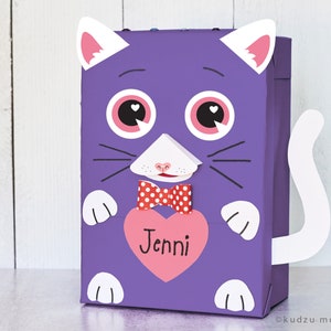 Cat Valentine Bag or Box Printable Decor Kit 3D snout, paws, tail, sunglasses, 3D Bowtie DIY kitty mailbox for school valentine's cards image 3