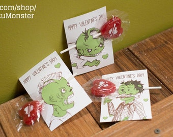 INSTANT DOWNLOAD zombie classroom sucker valentines funny shot printable children's boy valentines brains gross boy valentine's cards