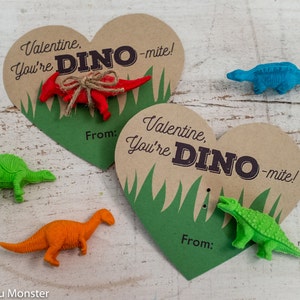 Printable Dinosaur Valentines Hearts for small dinosaur toy or dino eraser You're Dino-mite Instant Download DIY easy valentine's day gift image 1