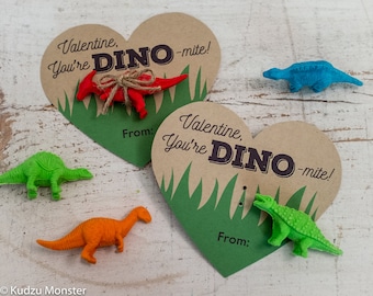 Printable Dinosaur Valentines Hearts for small dinosaur toy or dino eraser You're Dino-mite Instant Download DIY easy valentine's day gift