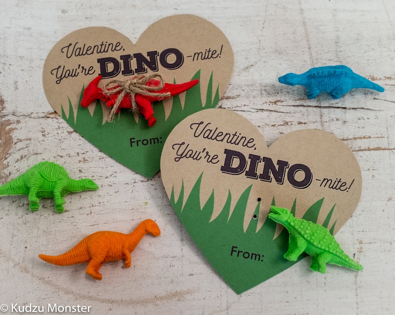 Printable Dinosaur Valentines Hearts for small dinosaur toy or dino eraser You're Dino-mite Instant Download DIY easy valentine's day gift 