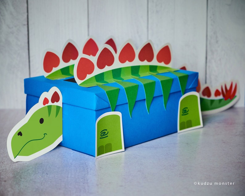 Dinosaur Stegosaurus Valentine Box Printable Decor Kit customize eye options, boy mailbox for school valentine's day cards 