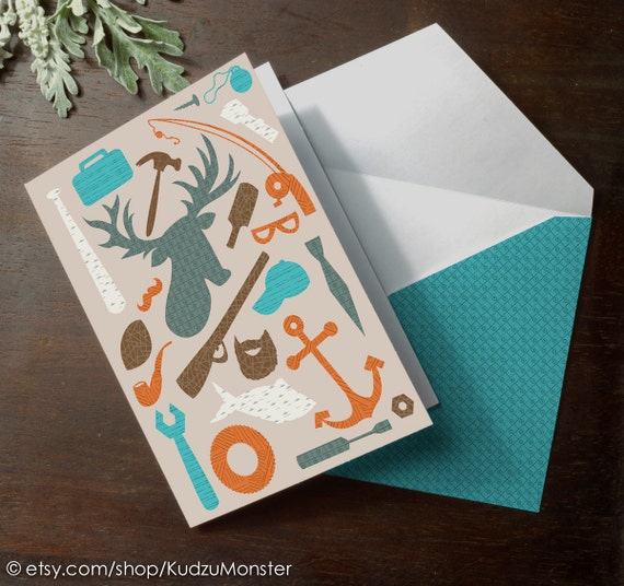 INSTANT Download Father's Day Manly things Icon illustrated Card Hunting fishing taxidermy tools football baseball anchor beard mustache tie Il_570xn