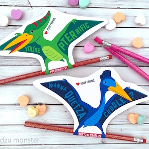 Dinosaur Valentines Printable Instant Download Pencil Holder Pixie Stick Pterosaur Pterodactyl Quetzalcoatlus Valentine's day cards school