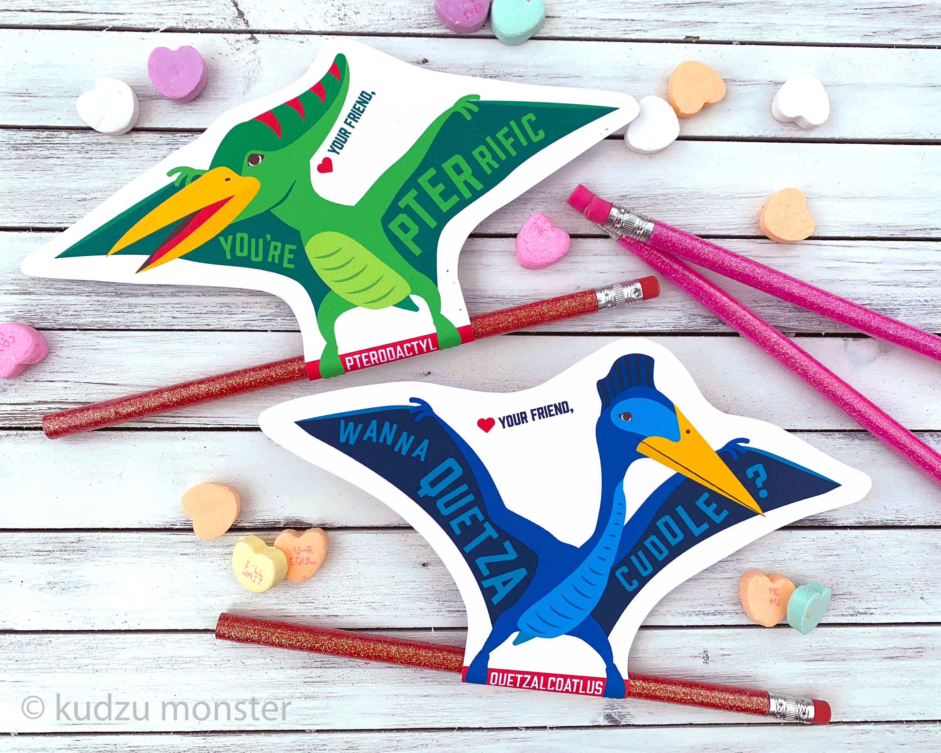 Dinosaur Valentines Printable Instant Download Pencil Holder Pixie Stick Pterosaur Pterodactyl Quetzalcoatlus Valentine's day cards school