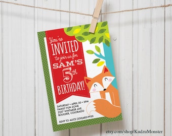 Woodland Fox theme Customized Printable kids Birthday Party Invitation gender neutral baby shower fox and balloons