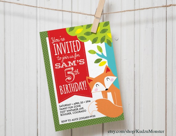 Woodland Fox theme Customized Printable kids Birthday Party Invitation gender neutral baby shower fox and balloons Il_570xn
