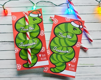 Snake Christmas Candy Cane Holder Card for Kids Classroom Holiday Party Favor Instant Download Printable Boy Funny Gift