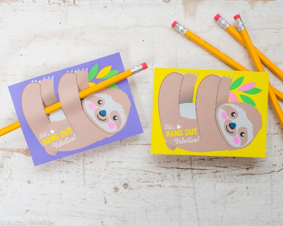 Printable cute sloth valentine pencil holder, pixie stick holder, glow stick holder DIY printable valentine's day card for classroom gifts Il_570xn