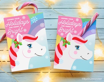 Unicorn Christmas Candy Cane Holder Horn Card for Kids Classroom Holiday Party Favor Instant Download Printable Cute Pink Girly Rainbow