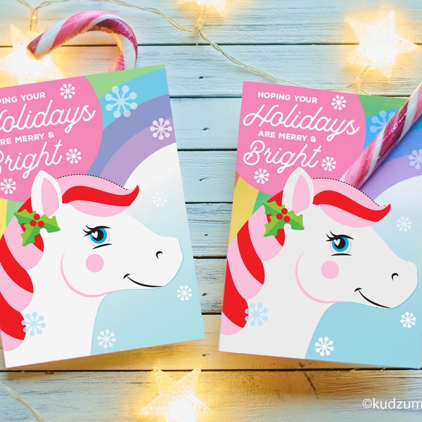 Unicorn Christmas Candy Cane Holder Horn Card for Kids Classroom Holiday Party Favor Instant Download Printable Cute Pink Girly Rainbow